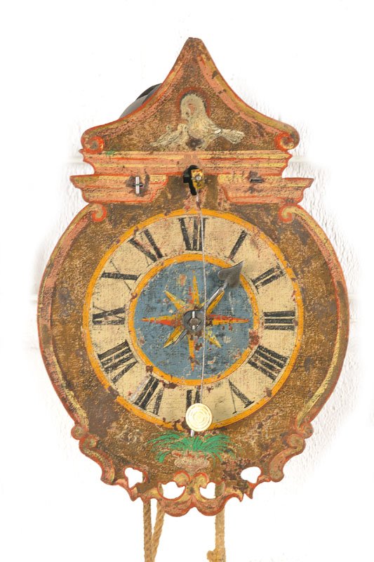 wall clock: wall clock, after ancient model, painted iron dial, so-called one hand display, clock with cowtail pendulum, iron plates, locking plate, verge escapement in cage, hour strike on bell,running period. 1