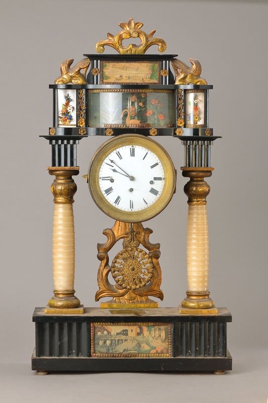 Portico clock: Portico clock with Viennese strike, around 1820/30, ebony style wood housing with alabaster columns, upper part with flower arrangements with curved glass (1 glass missing), pearl rim not complete, tw