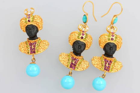 Set of jewelry, 'Mohr', signed Askew London, metal: Set of jewelry, 'Mohr', signed Askew London, metal gilded , vividly representation, pair of earrings and brooch, with colourful rhine stones, suspension with turquoise coloured glass spheres