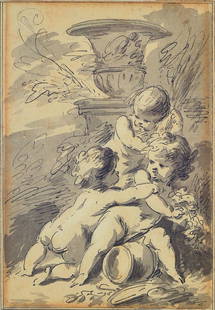 Jacob de Witt: Jacob de Wit, ca. 1695-1754, three cupids on agarden vase, pen and ink drawing on paper, signed on the back, about 18x12cm, under glass, frame