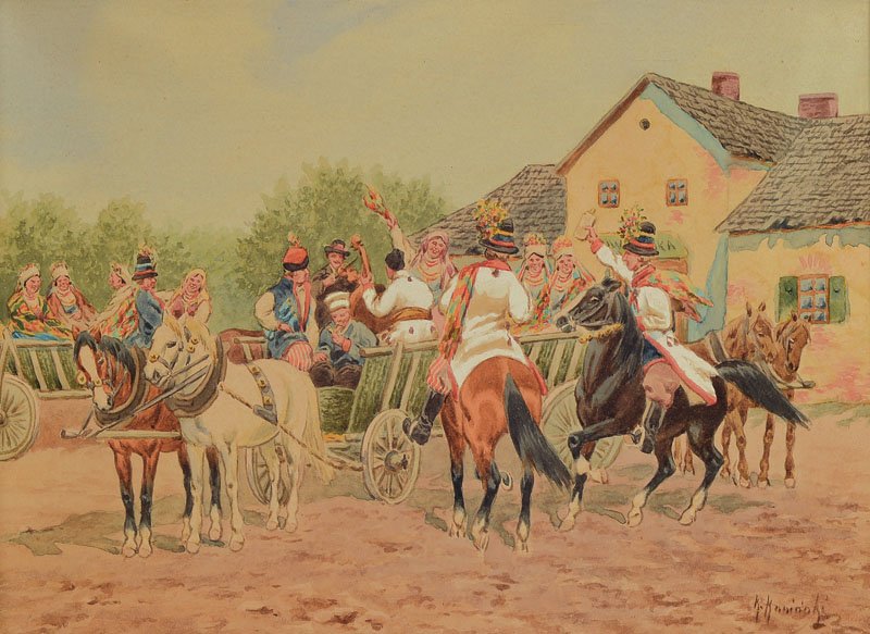 Kajetan Kosinski: Kajetan Kosinski, 1847-1935 Poland / Ukraine, studied from 1866-69 in Vienna, taught in Krakow, active in Krakow and Lviv, here: wedding procession, watercolor, signed, approx24x34 cm, under glass, fr