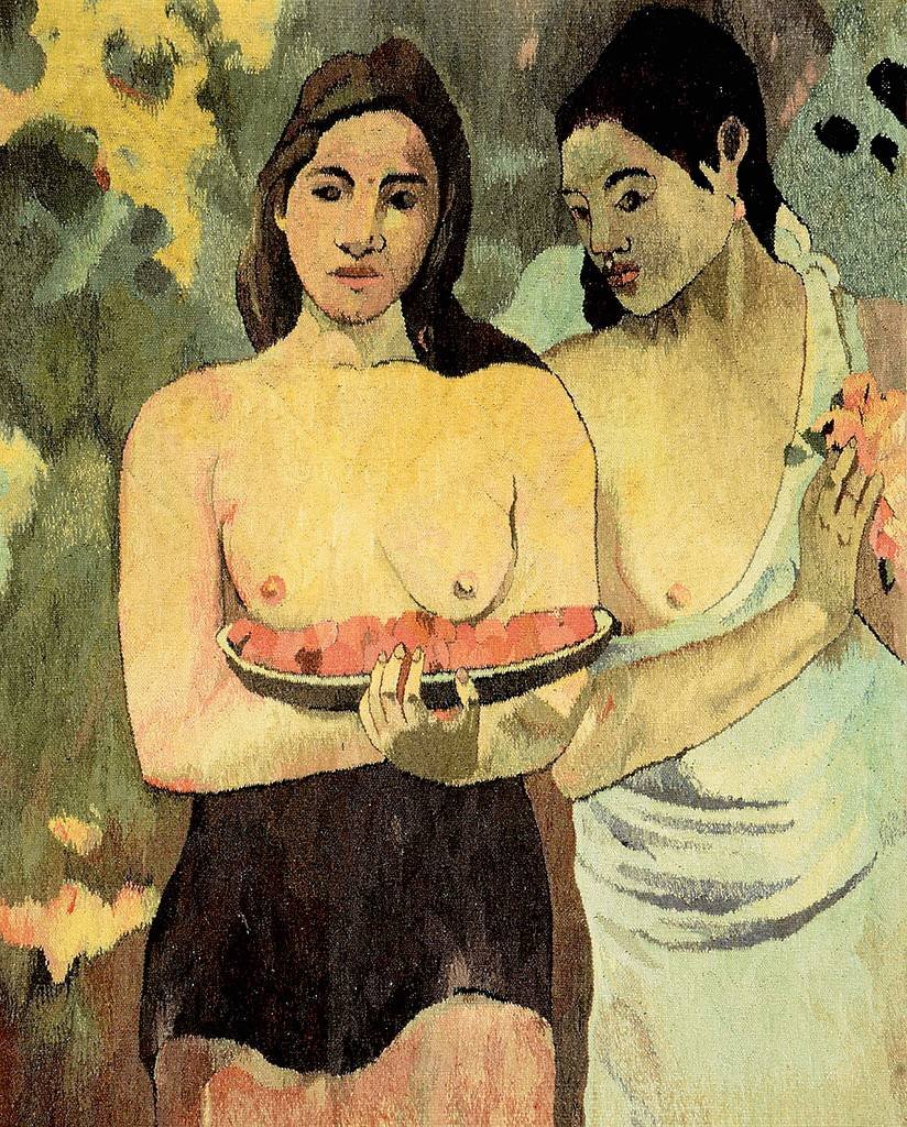 Tapestry by 'Mira Kuran' (Paul Gauguin Motive),: Tapestry by 'Mira Kuran' (Paul Gauguin Motive), Poland, circa 1950/1960, wool/wool, approx. 118 x 95 cm, condition: 2 (good condition), so-called artist tapestry with the famous painting-motive of 'Pa