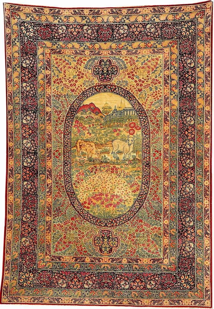 Kirman-Ravar 'Mille-Fleur' (Pictorial),: Kirman-Ravar 'Mille-Fleur' (Pictorial), South Persia, late 19th century, wool/cotton, approx. 254 x 178 cm, condition: 2 (good condition, professionally cleaned), fine quality by Kirmans workshops, wi
