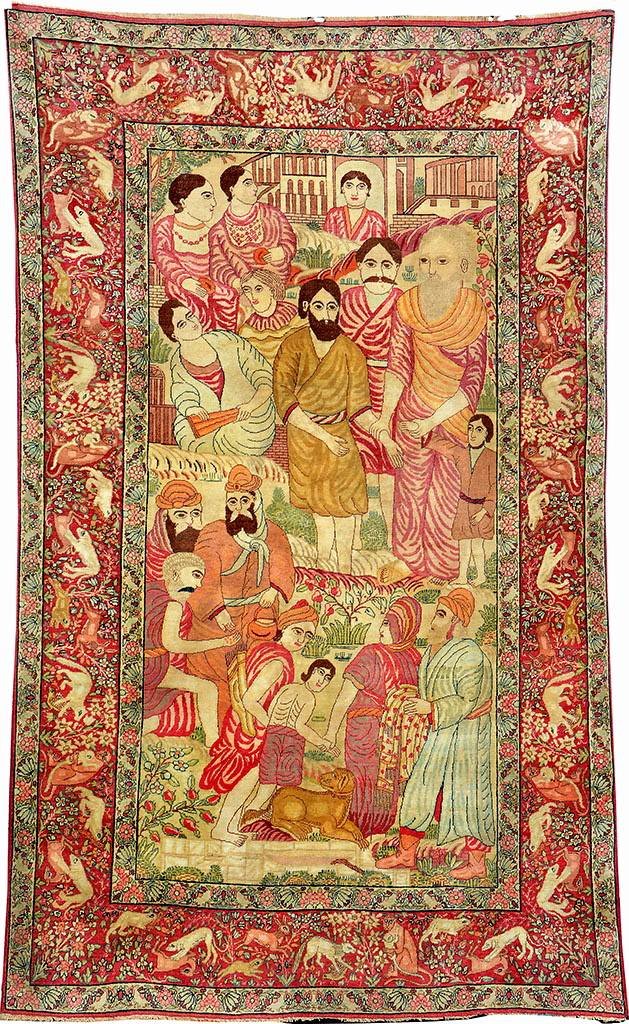 Kirman-Ravar (Pictorial) 'Story of Joseph, Son Of: Kirman-Ravar (Pictorial) 'Story of Joseph, Son Of Jacob', South Persia, late 19th century, wool/cotton, approx. 242 x 146 cm, condition: 2-3 (oxidations, otherwise good), fine quality, rare pictorial 