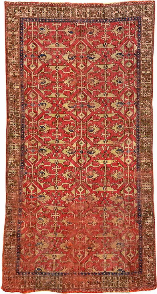 A Important 'Lotto-Holbein' Oushak-Rug,: A Important 'Lotto-Holbein' Oushak-Rug, West Anatolia, 16th century, wool/wool, approx. 222 x 119 cm, condition: (traces of use, sides minimal reduced), so-called Lotto- Holbein family (Lorenzo Lotto