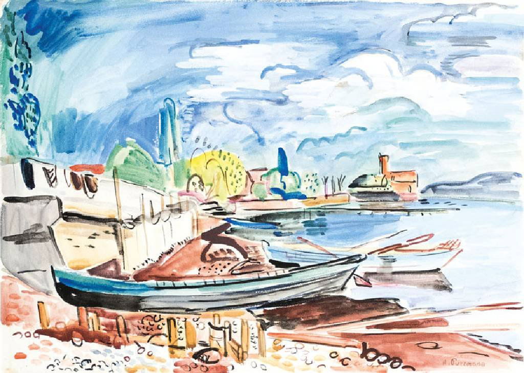 Hans Purrmann, 1880-1966, boats on the bank: Hans Purrmann, 1880-1966, boats on the bank (Largenargen), watercolor on carton, signed lower right, VMS Billeter/Lenz W 1931/04, Archiv-No. 2388, approx 47x64 cm, framed