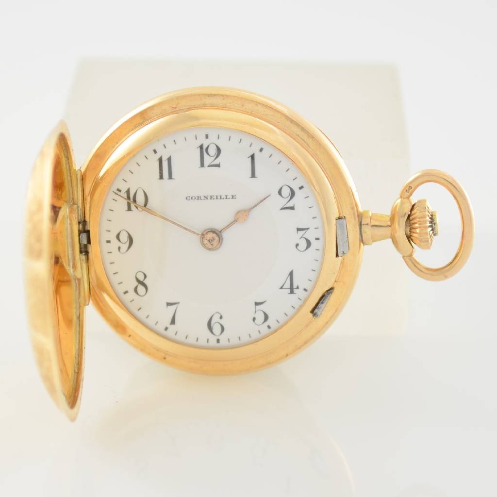CORNEILLE 14k pink gold hunting cased ladies pocket: CORNEILLE 14k pink gold hunting cased ladies pocket watch no. 313953, Switzerland around 1890, lavish engraved 3-cover gold case, enamel dial with Arabic numerals, 10 jewels, gold-plated bar movement