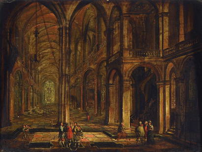 Christian Stöcklin: Christian Stöcklin, 1741 Geneva - 1795, Frankfurt / Main, known for his church interiors and landscapes of ruins, church interior with figures, skillful architectural painting, two-storey interior wi