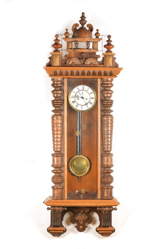 Large wall clock: Large wall clock with 2 weights, german, around 1900, Walnut, orig. top , formerly strong worm foxing, two-part enamel dial with display the so-called pseudo second, conical massive brass plate moveme