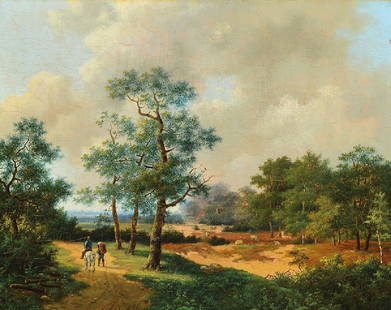 Hendrik Pieter Koekkoek: Hendrik Pieter Koekkoek, Amsterdam 1843 - 1927Hilversum, peasant landscape with grazing cattle, side rider and farmer with basket on his back, in the distance settlement recognizable, probably on the