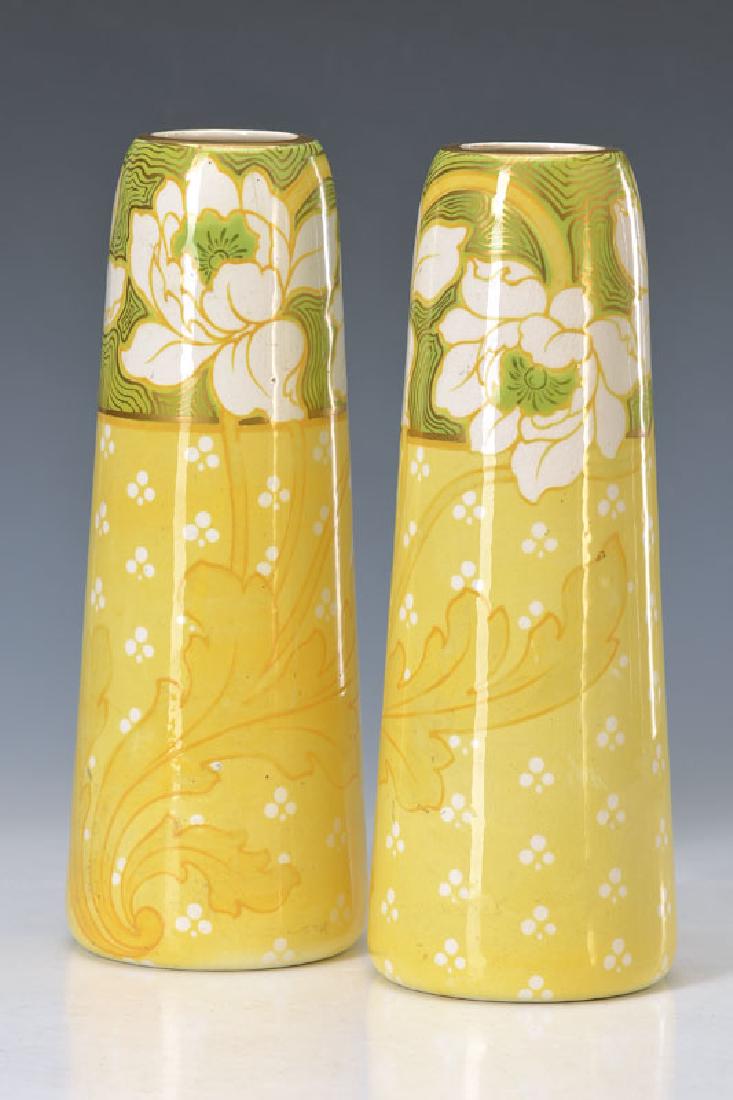 Pair of vases: Pair of vases, Keller & Guerin Lunéville, around 1900, earthenware yellow ground with floral decor, gold decoration abraded, H. approx. 35cm