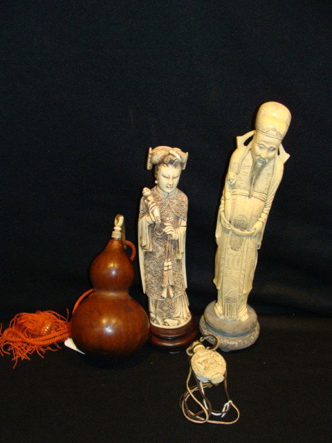 4pc Oriental figurals, snuff bottle, and Monk's: 4pc Oriental figurals, snuff bottle, and Monk's