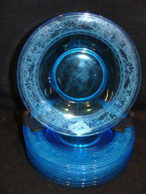 Fostoria Blue Cake Plates (8) Etched Design: Fostoria Blue Cake Plates (8) Etched Design