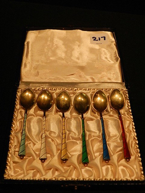 Denmark Goldwash Enamel w/ Sterling base Demitasse: Denmark Goldwash Enamel w/ Sterling base Demitasse Spoons x6