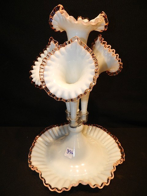 Vintage Fenton Art Glass LG Wright Rose Crest 4-Ho: Vintage Fenton Art Glass LG Wright Rose Crest 4-Horn 16.5" EPERGNE VASE
