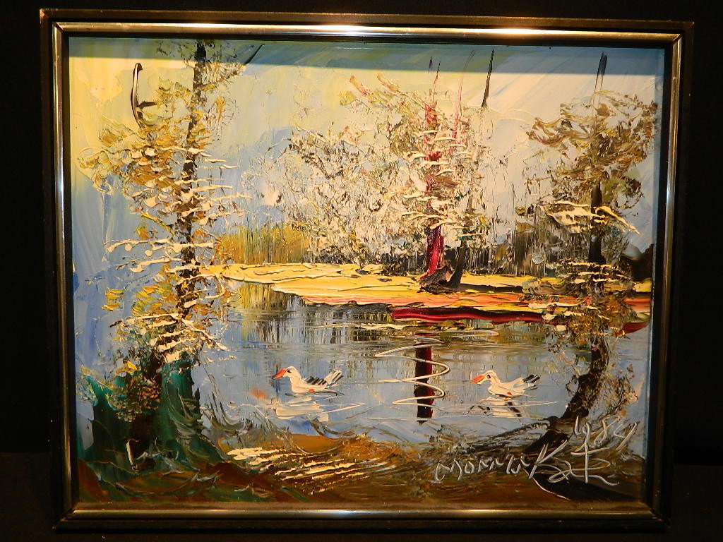 OOB Morris Katz 1984 Abstract Pond Scene w/ Ducks: OOB Morris Katz 1984 Abstract Pond Scene w/ Ducks