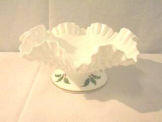 Large White Milk Glass Holiday Center Bowl: This is a lovely piece of white hobnail milk glass, probably Fenton. It is 4-1/2" high and sits on a base that is 5-1/4" wide. The rim is ruffled and the side is hobnailed. The upper portion of