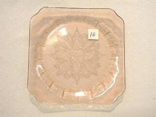 Pink Depression ADAM Square Dinner Plate: This is a very nice pink depression square dinner plate by the Jeannette Glass Company. The pattern is Adam and it is in perfect condition. The plate measures 9" x 9". It is beautifully decorated