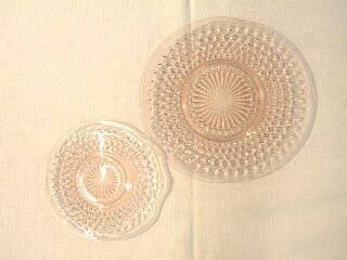 Lot Pink Depression HOBNAIL Plates: This lot includes 6 each sherbet plates & luncheon plates. They are pink depression by the Hocking Glass Company in the Hobnail pattern. The sherbet plates are 6" wide and the luncheon plates are