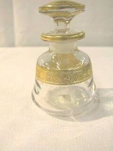 Clear & Gilded Perfume Bottle with Dauber.: This bottle is 3-5/8" tall. It is clear glass with a band of gilded decoration on the base and trim. The top of the stopper is also decorated with gilding. The piece is in very good condition and