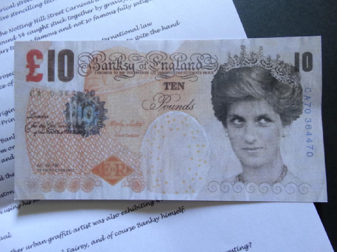 BANKSY: Banksy Di-Faced tenner note (2004) designed by Banksy. About the note the front reads "Banksy of England". DI FACED CURRENCY. "Please note that these notes do not have any of the security features of 