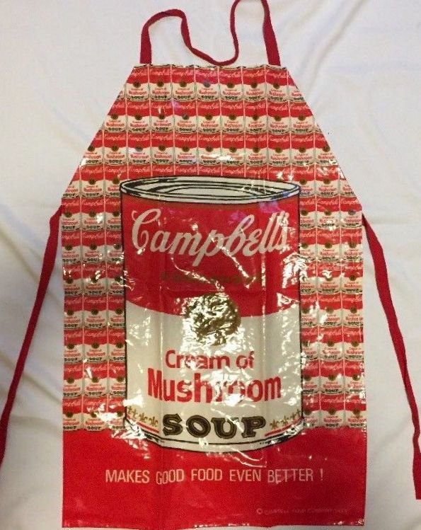 ANDY WARHOL ORIGINAL CAMPBELLS SOUP CREAM OF MUSHROOM: Vintage 1983 Campbell’s Soup Apron. Is in great condition for age with the only signs of wear being that the tie strings are not completely flat any more. Great antique decoration item! Could even s
