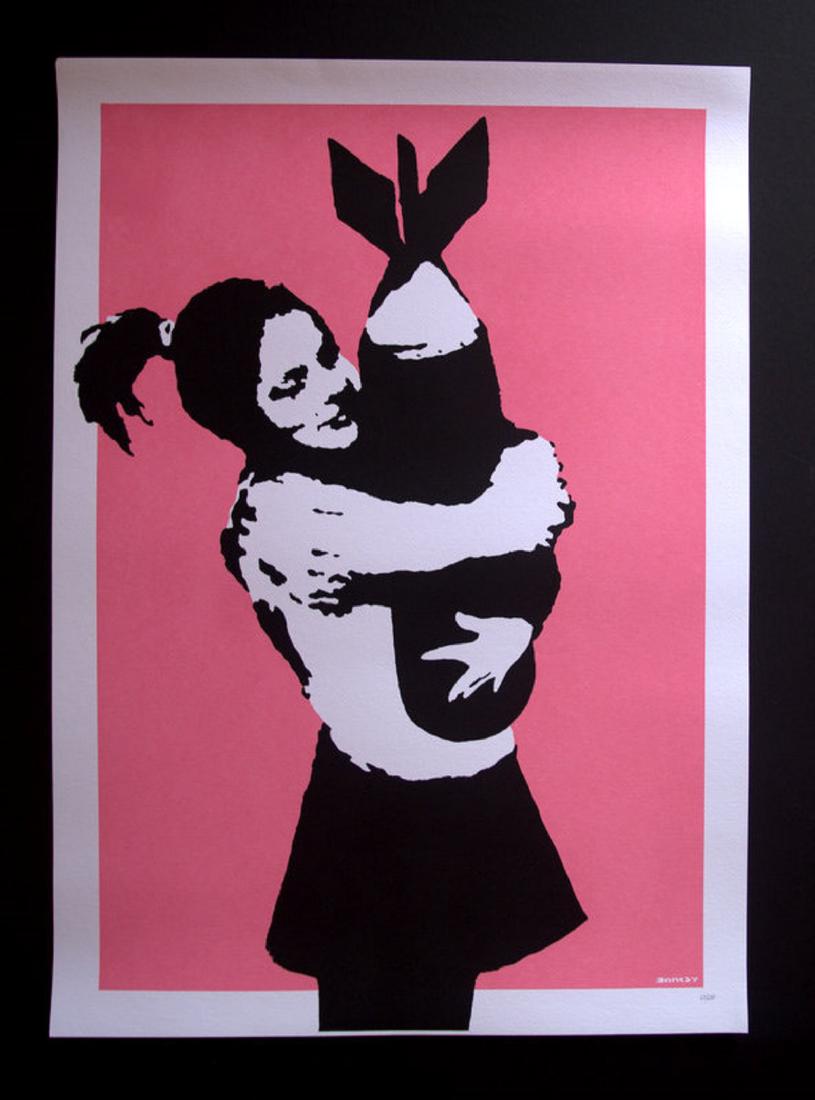 Banksy - Bomb Hugger - screen print serigraph - pink: BANKSY . Bomb Hugger . This is a REAL SERIGRAPH (SCREEN PRINT). It is a reproduction of the legendary Banksy, Bomb Hugger print in a limited edition of 600 only (numbered in pencil on right lower side