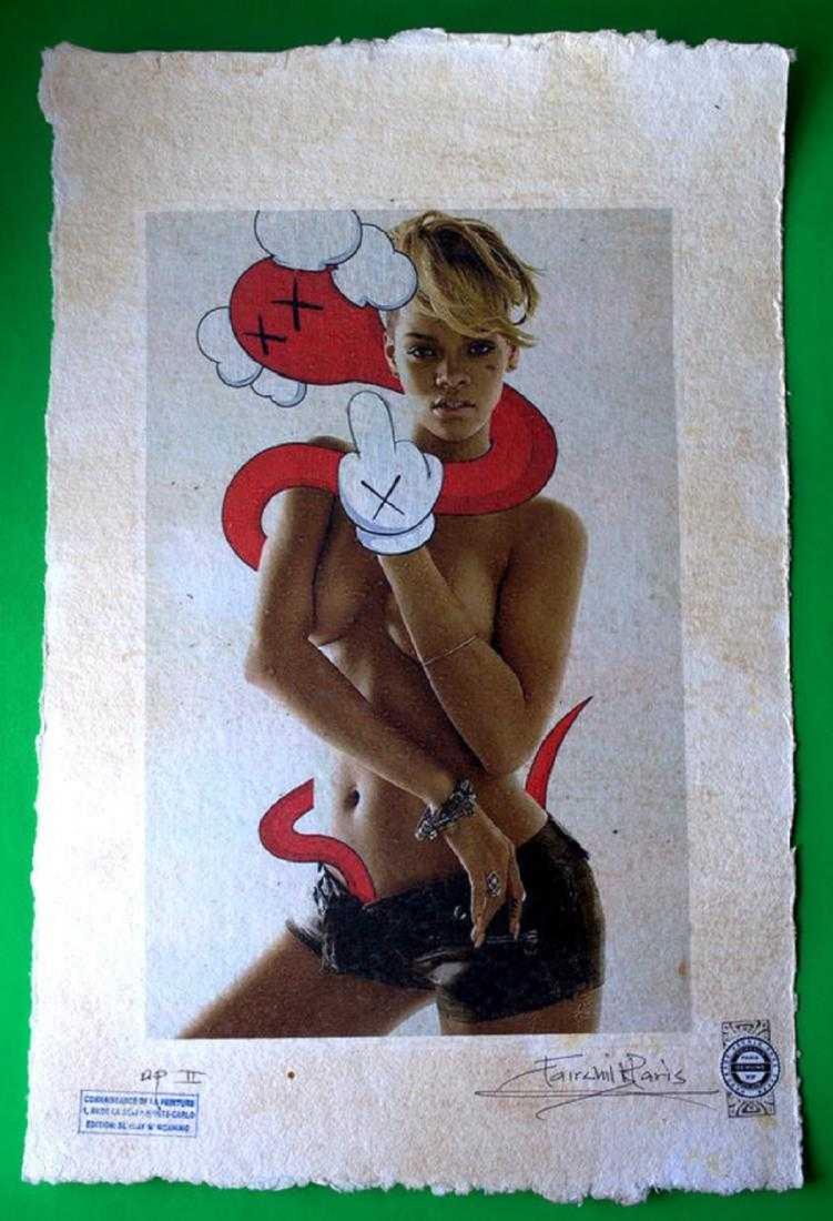 KAWS, Rihanna, Signed FaIrchild Paris: KAWS, Rihanna'... Artist Proof (AP.2). Printed upon deckle edge, handmade, French paper 22'x 15'x .inch, . Hand signed Fairchild Paris (publisher).