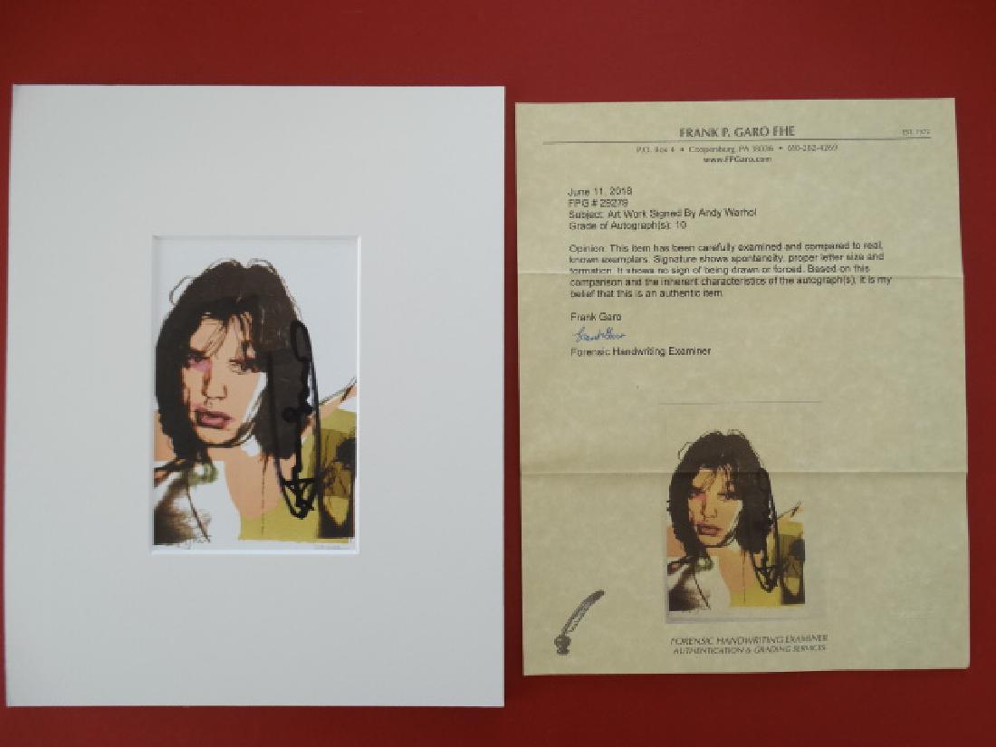 Andy Warhol hand signed- Mick Jagger: Independent Forensic document Invitation Card - distributed on the occasion of the exhibition of Andy Warhol in 1975 (15.4 x 10.1 cm), Hand signed Andy Warhol and 2 aditional printed signatures of Mic