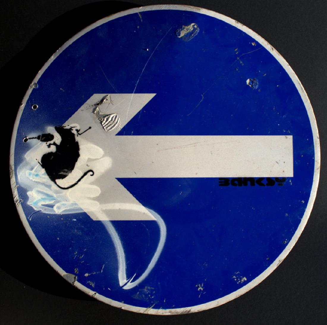 Banksy , Spray paint, partly stenciled on metal panel: Spray paint, partly stenciled on metal panel , circa 2000 - 2002. Stenciled signature Banksy on the front. Dimensions: 60 x 60 cm Provenance: Private collection, London. The Object cannot be authentic