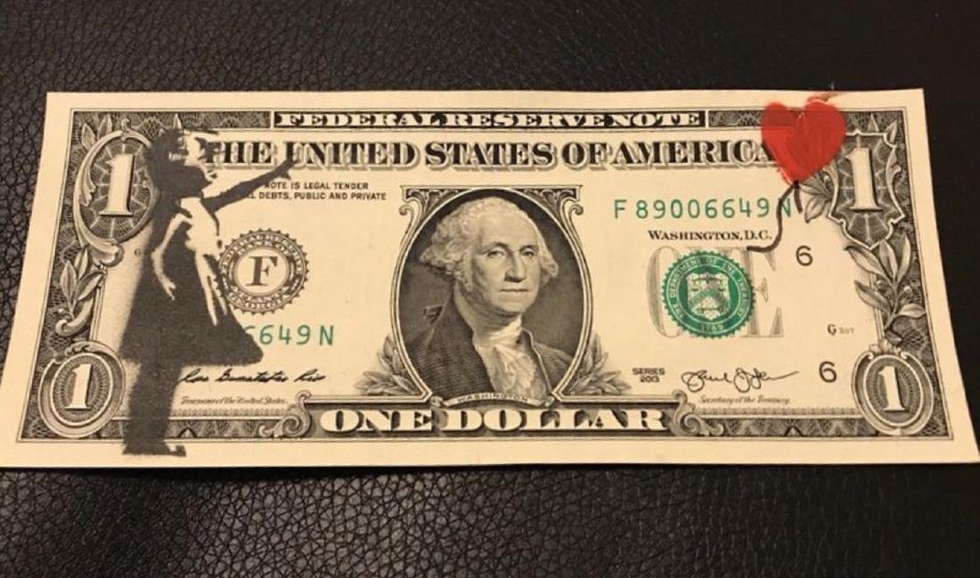 Banksy Balloon Girl Dollar Note Dismaland Park un: BANKSY BALLOON GIRL DOLLAR NOTE DISMALAND MINT HAND STENCIL SPRAY PAINT ORIGINAL WITH C.O.A