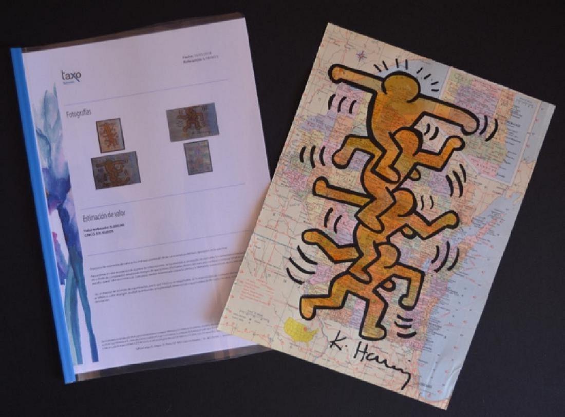 Keith Haring, drawing + independent appraisement: Drawing on paper, ca 30 x 22.3 cm, magnificent illustrations attributed to Keith Haring, independent valuation included, monochrome drawing executed with black and orange marker, support : map paper. 