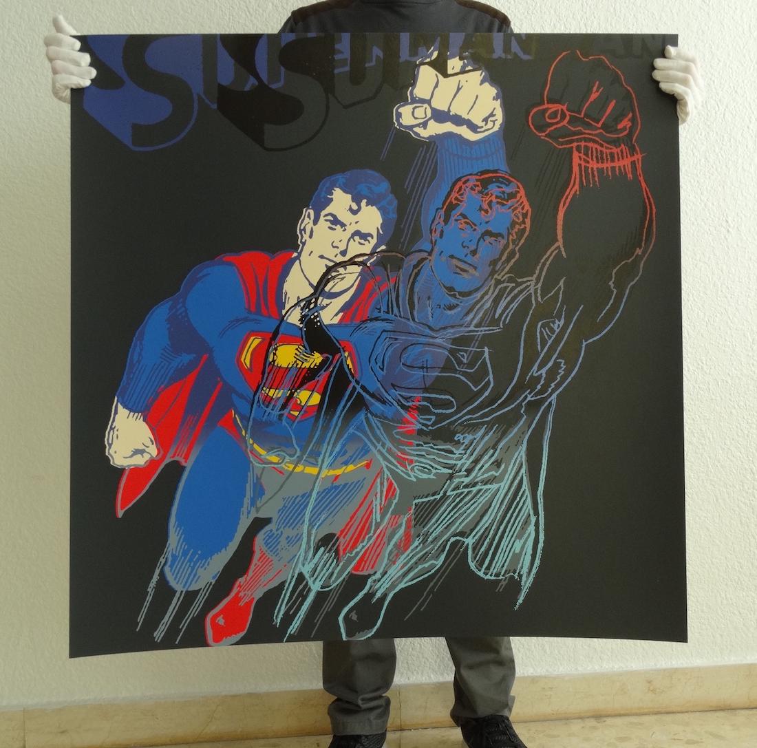 Andy Warhol "Superman" Silkscreen, diamond dust: Andy Warhol "Superman" Silkscreen in colours and with diamond dust on Lenox museum board, 1981, Rupert Jasen Smith, New York, published by Ronald Feldman Fine Arts, Inc., New York. Size: 96,5 x 96,5 c