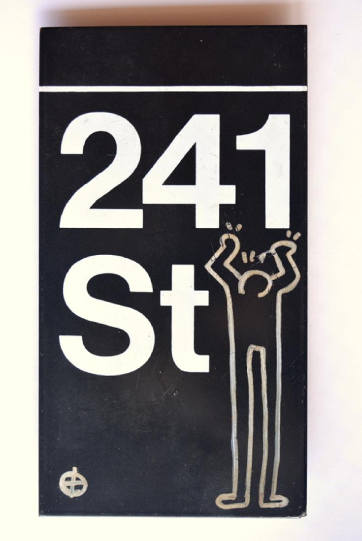 KEITH HARING DRAWING, Metal: Keith Haring drawing on a NYC Subway metal sign is porcelain or enamel . measures:30,5 x 16,5 cm, magnificent artwork attributed to Keith Haring, Haring is with Andy Warhol or Roy Lichtenstein one of 