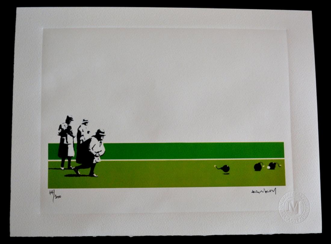 Banksy Bomb Middle England (2003) signed plate: Size: 38x28 cmts. Reproduction Modern lithography finished by hand. Vivera ink pigment. NumÃ©ration in pencil . Printed Signature . Stamp of the Editor. Certificate Edition 300/.