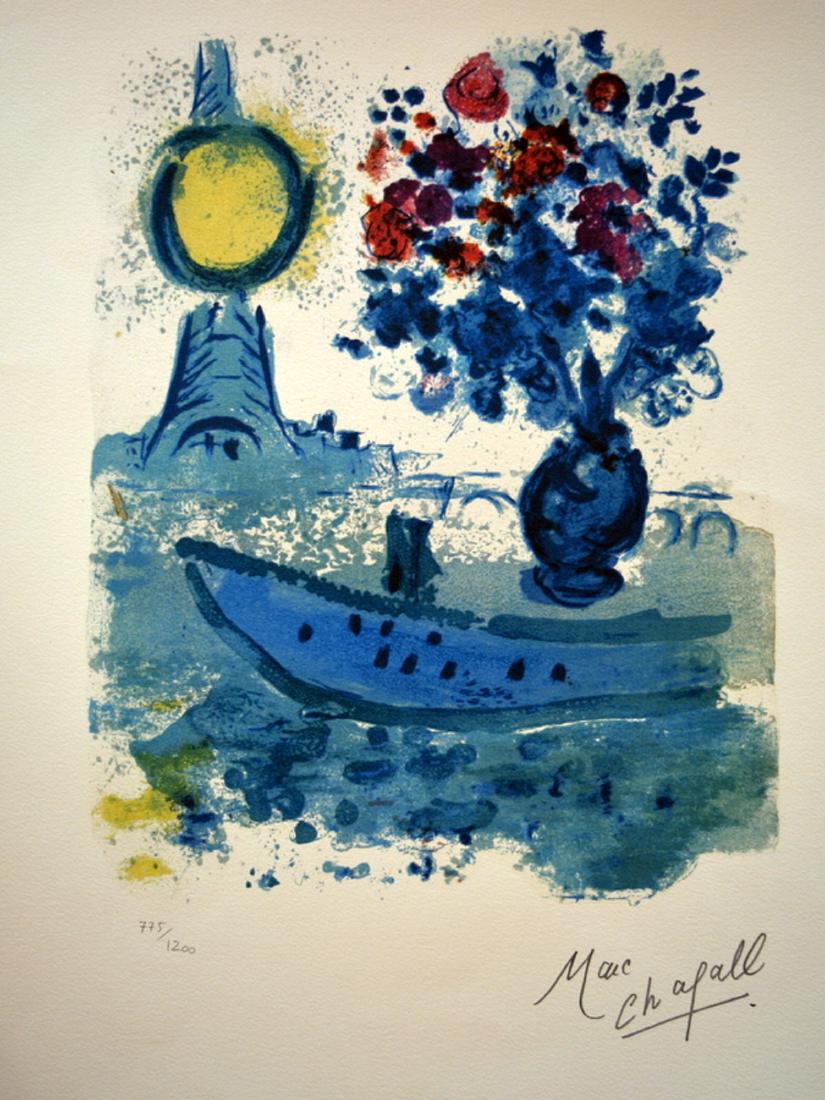 Marc Chagall, Marc Chagall. 66 xz 50 cm: Author: Marc Chagall. Title: Bateau-Mouche au bouquet. Description: lithography on paper Arches signed on plate and numbered in pencil 775/1200. Measurements without frame 66x50 cm. Work in good condi
