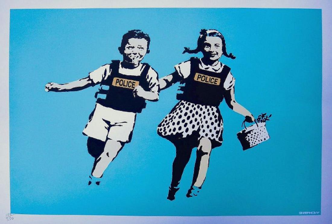 Banksy - screen print serigraph Police Kids (Jack and: BANKSY "Police Kids" Regular (Original) Blue version . This is a REAL SERIGRAPH (SCREEN PRINT). It is a reproduction of the legendary Banksy "Police Kids - Jack and Jill)" print in a limited edition o