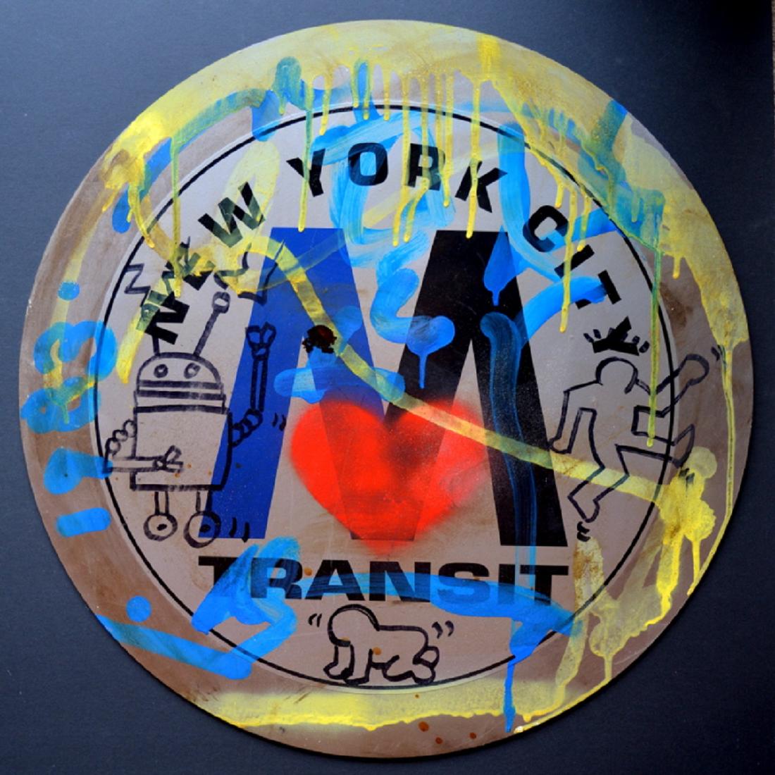 KEITH HARING DRAWING, Metal: Keith Haring drawing on a NYC Subway metal sign is porcelain or enamel . Measures: 35 X 35 cm, magnificent artwork attributed to Keith Haring, Haring is with Andy Warhol or Roy Lichtenstein one of the