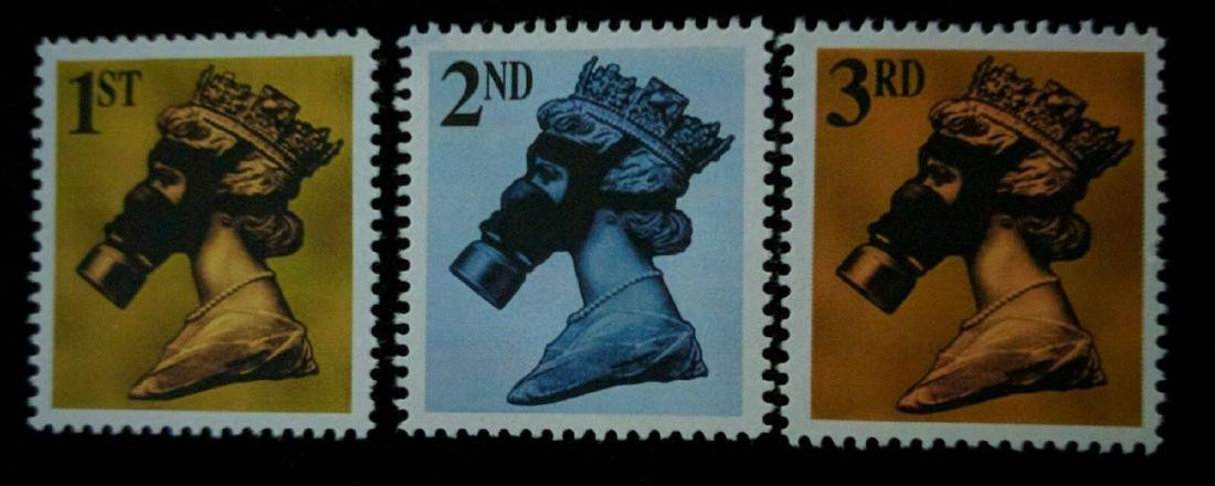 James cauty 10 yr legacy edition Machin print stamps: James cauty Stamps of Mass Destruction 10 Years On Legacy Edition . 1st 2nd & 3rd class terror aware queen Elizabeth 2nd in a gasmask. Limited edition stamps gummed and perforated.