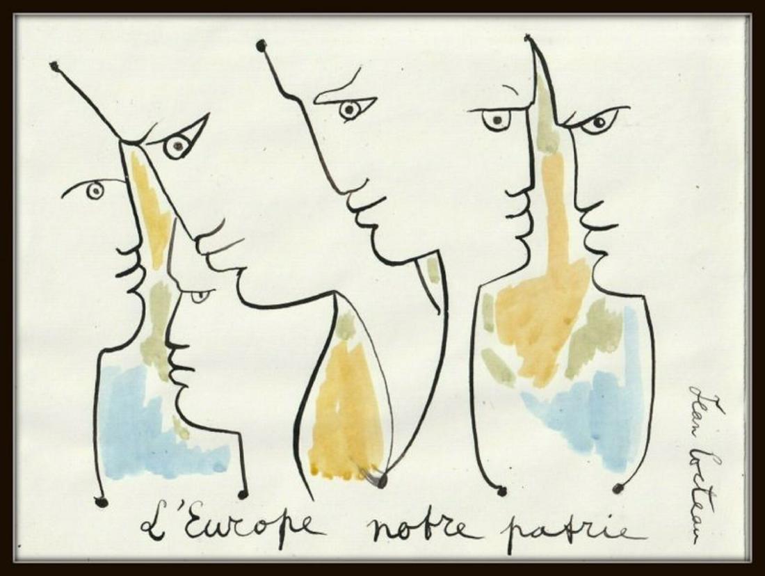 JEAN COCTEAU COLORS DRAWING DESSIN SUR VIEUX PAPIER: JEAN COCTEAU. ( ATTRIBUTED ) DRAWING ON OLD PAPER. cm.28,5 X 22 aprox.