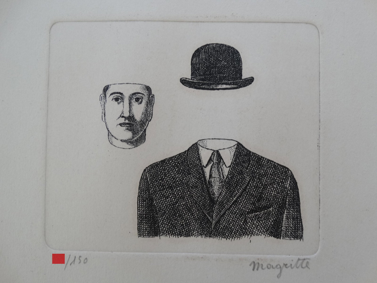 Rene Magritte, gravure, hand signed: Rene Magritte (attributed),gravure, hand signed, good condition, 28x25cm, Rene Magritte was a Belgian Surrealist artist. He became well known for creating a number of witty and thought-provoking image