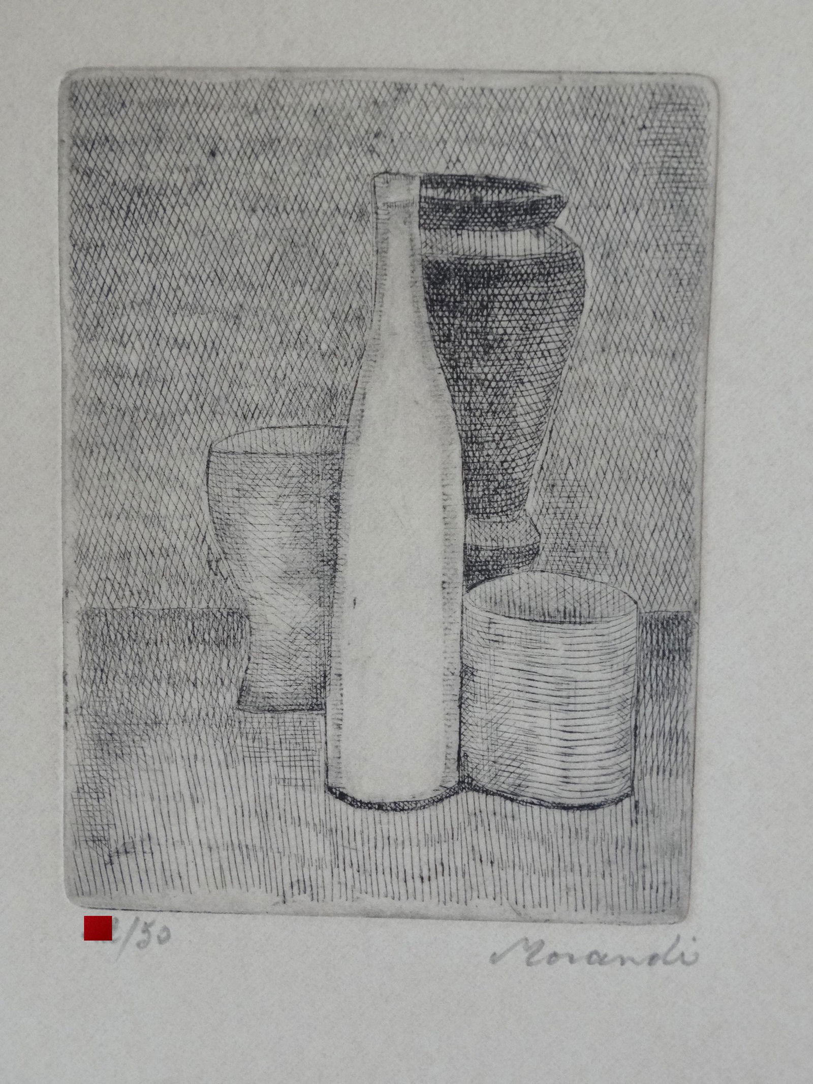 Giogio Morandi , gravure, hand signed: Giorgio Morandi (attributed) â€œcomposition" ,gravure, hand signed,ca 28.5x24cm. Giorgio Morandi (July 20, 1890 â€“ June 18, 1964) was an Italian painter and printmaker who specialized in sti