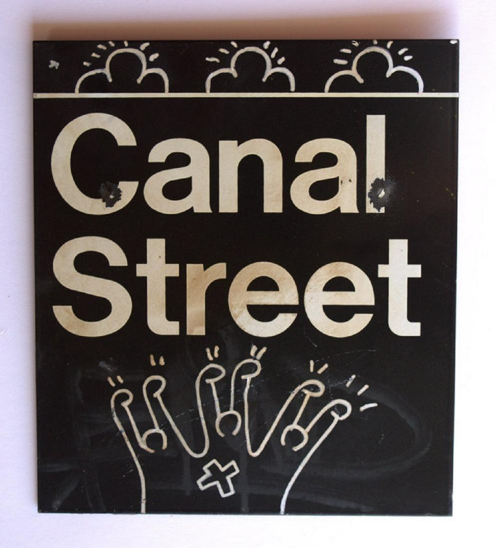 KEITH HARING DRAWING, Metal: Keith Haring drawing on a NYC Subway metal sign is porcelain or enamel . Measures: 30 x 30,5 cm, magnificent artwork attributed to Keith Haring, Haring is with Andy Warhol or Roy Lichtenstein one of t