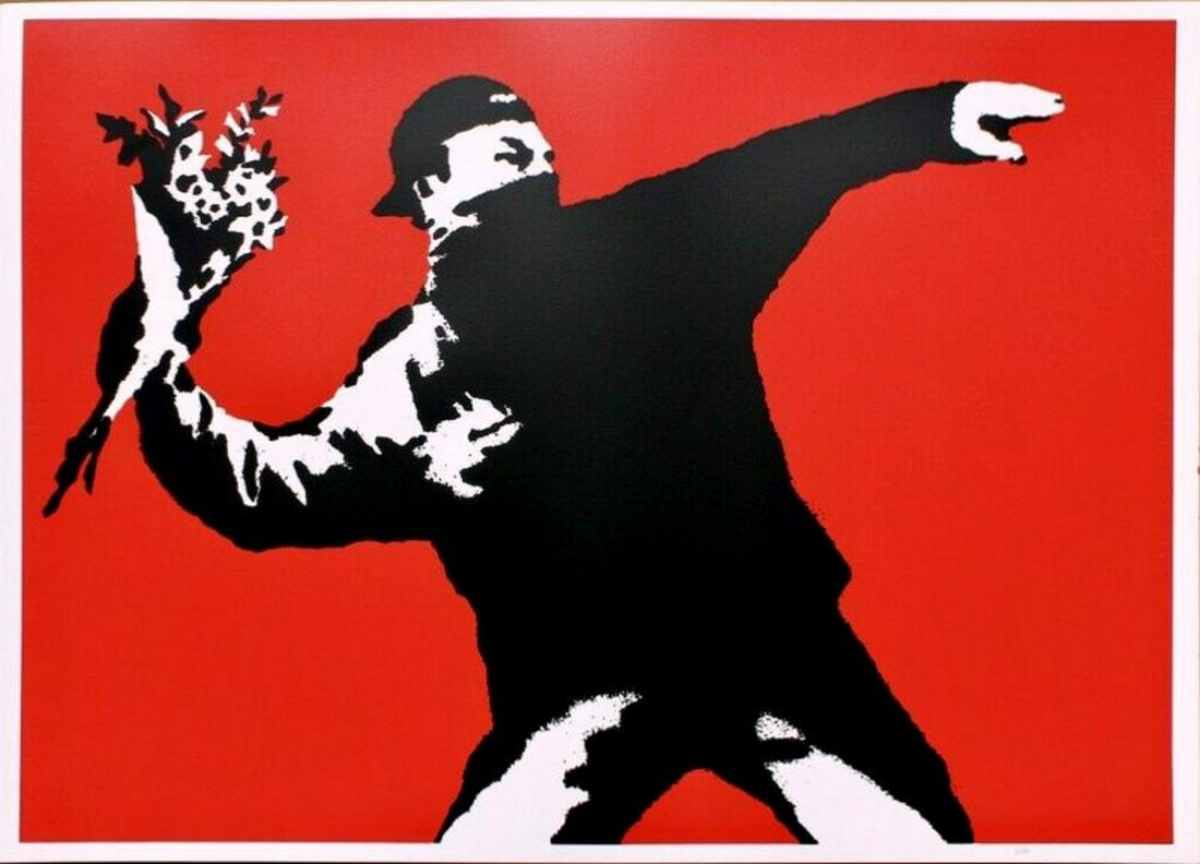 Banksy , screen print serigraph , Love is in the air: BANKSY Love is in the air (flower thrower) . ORIGINAL RED VERSION - NEW DELUXE EDITION. This is a rare and exclusive EXTREMELY SOPHISTICATED REAL HAND-MADE SERIGRAPH ,SCREEN PRINT reproduction of the