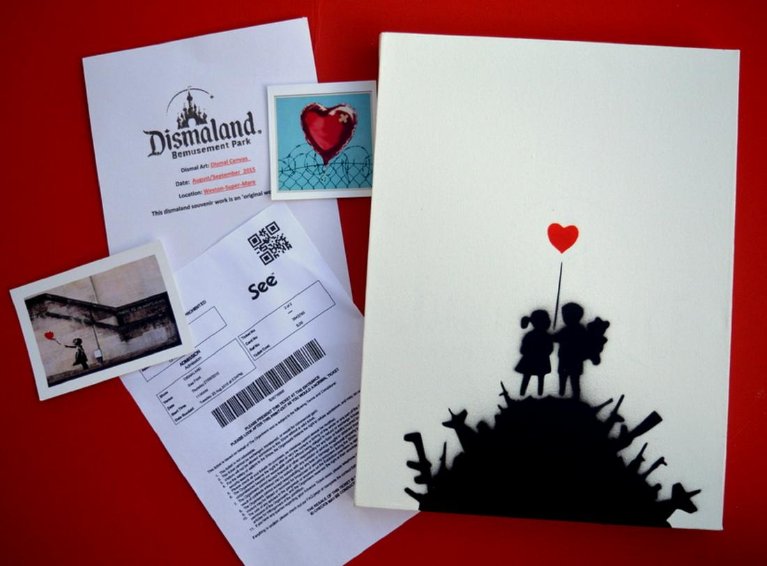 Banksy Dismaland Canvas KIDS WITH WEAPONS Signed: BANKSY DISMALAND ART WORK ON CANVAS WITH TICKET & GIFT PHOTOS. ON REVERSE OF CANVAS THERE IS A DISMALAND LOGO HAND SPRAYED. .TITILE: KIDS WITH WEAPONS Size: w 31 cm x 41 cm