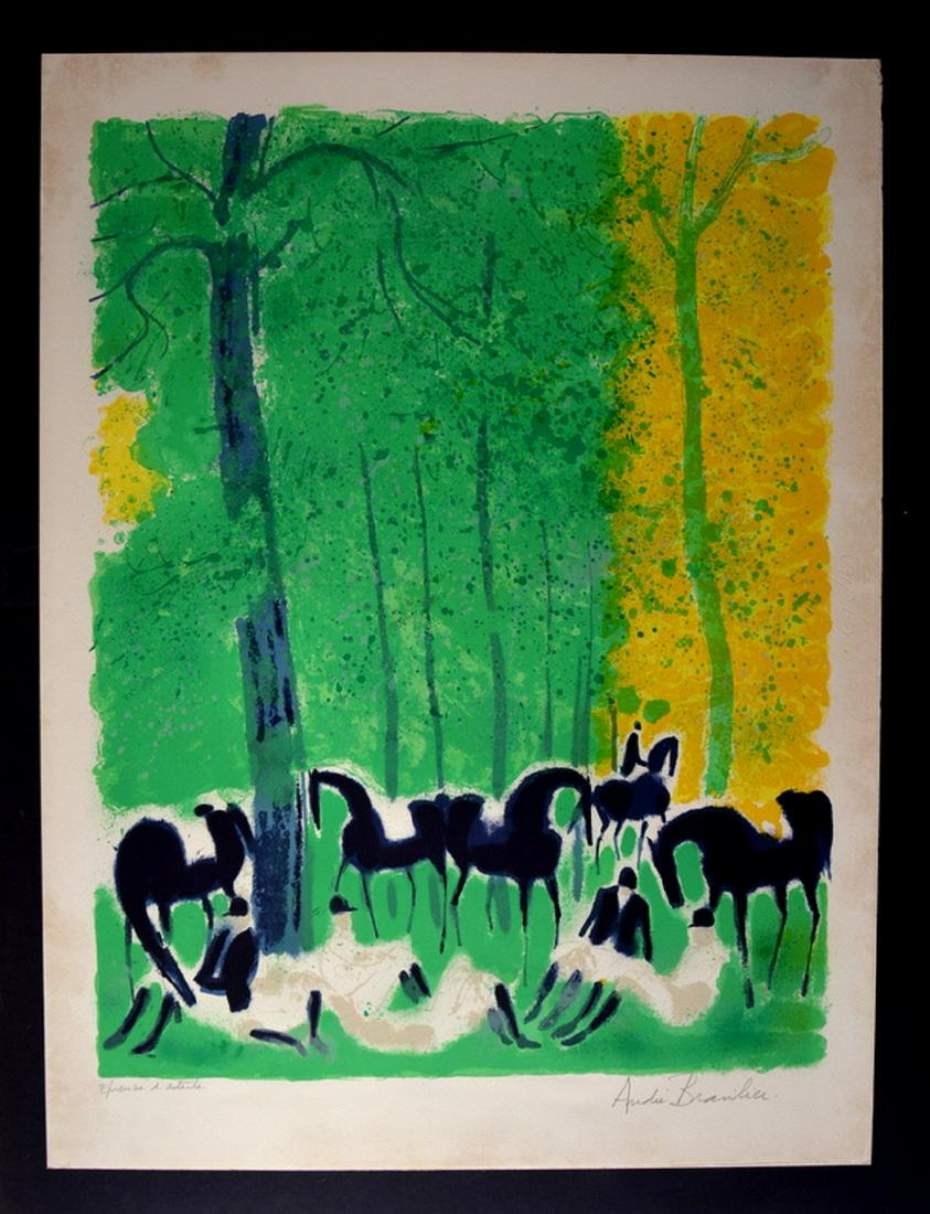 Andre BRASILIER, Lithography, Arches stamp: Andre BRASILIER (1929). Pferde und Reiter im ForÃªt de Compiegne. Color lithograph . 75 x 56 cm. Paris France. Signed Inscr. I loved d'artiste. Reproduced on page 232 of the catalog.