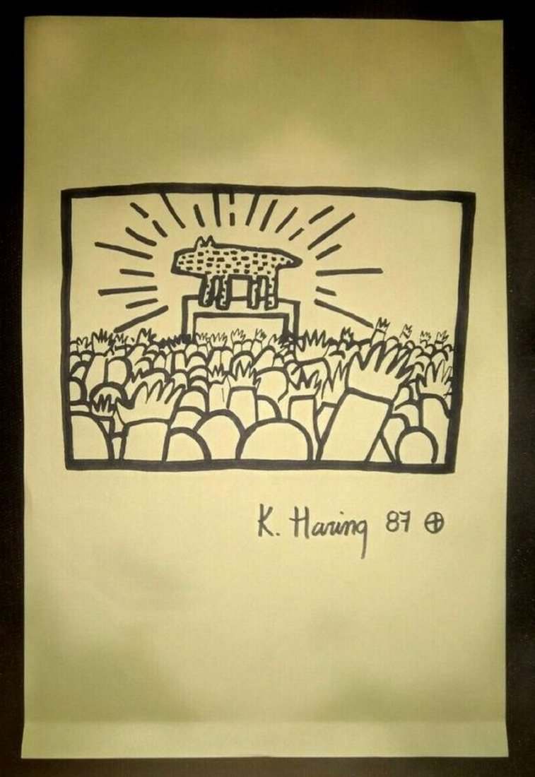 KEITH HARING 1987 CERTIFICATE, MARKER DRAWING IN OLD: NICE & RARE KEITH HARING (ATTRIBUTED) BLACK AND RED MARKER DRAWING IN OLD PAPER ARTWORK SIGNED. Ã‚ Measures: 13 "X 8.5 ''. CERTIFICATE