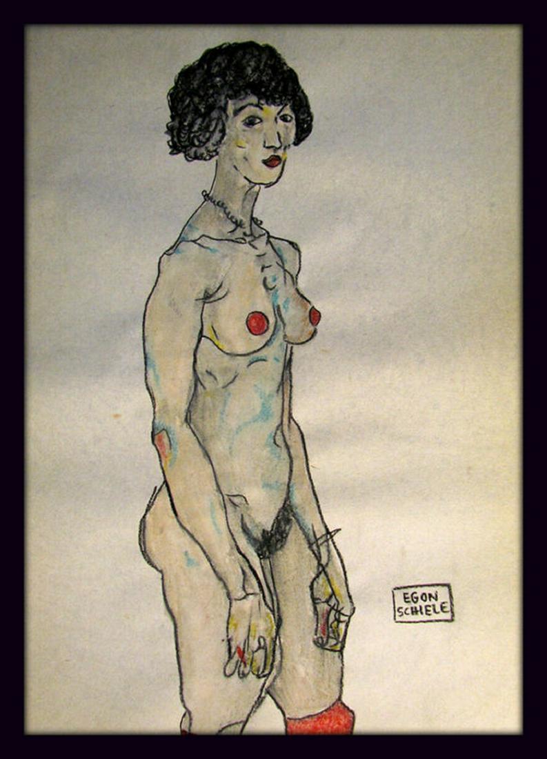 EGON SCHIELE , OLD WATERCOLOR !!!: Egon Schiele ATTRIBUTED , signed Technique: Excellent !! Watercolor + coal on old thin slightly transparent papier !!! Dimentions of a painting: 21 x 30 cm. Painting is sell with frame !!! Condition: