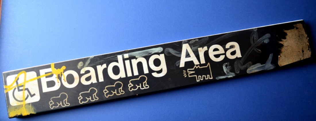 KEITH HARING DRAWING: Keith Haring drawing on a NYC Subway metal sign is porcelain or enamel measures:107 x 15 ,5 x 4 cm, magnificent artwork attributed to Keith Haring, Haring is with Andy Warhol or Roy Lichtenstein one o
