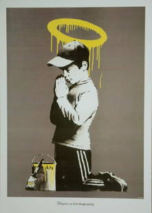 Banksy Forgive us our Trespassing Poster A2: March 2010.Forgive Us Our Trespassing.This work was displayed at London Bridge. It was censored by Transport For London forbidding display of the work with its halo because of the prevalence of